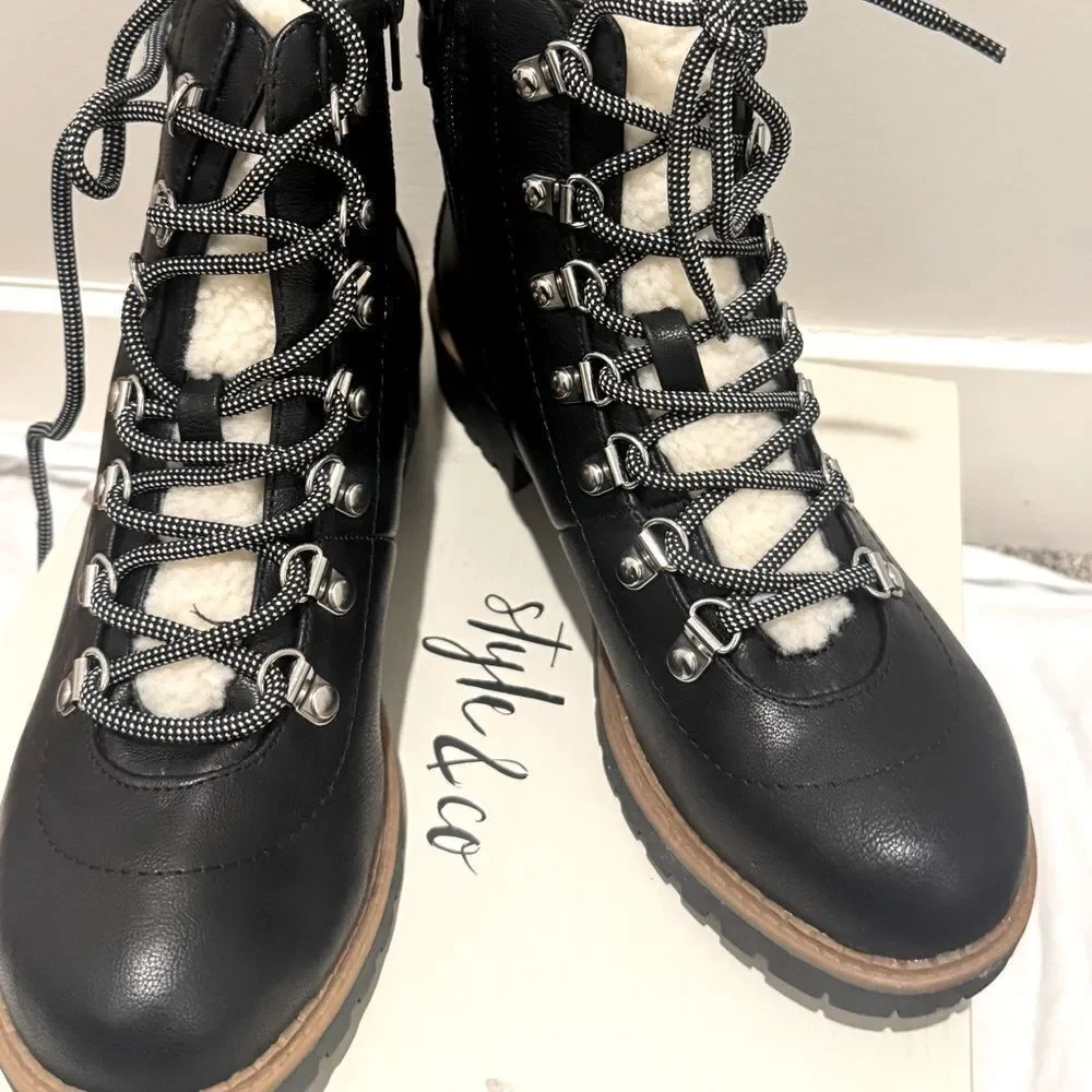 Style & Co Women Lug Sole Combat Boot Maariah Size US 7 Black Faux Leather new